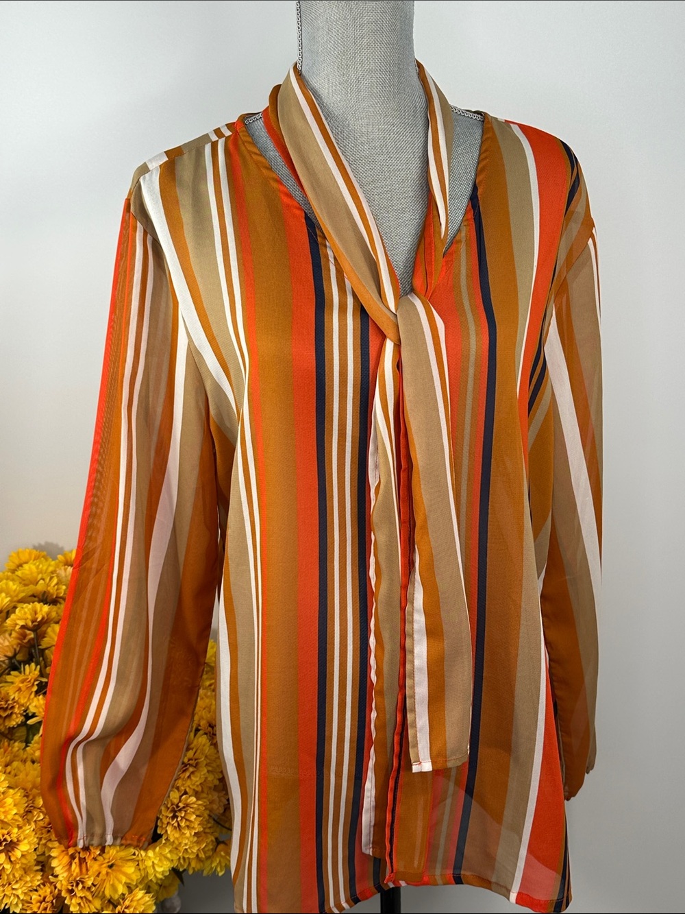 CW Classics Made in India Women's Striped Tie-Neck Blouse - Orange Stripe